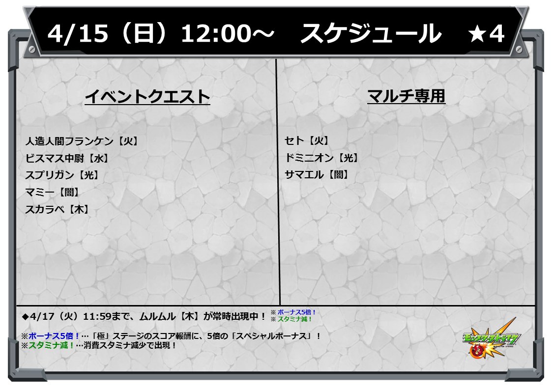 モンスターストライク公式 モンスト イベントスケジュール 明日 4 15 の12 00 正午 から 以下の 4クエストが出現スタート モンスト モンスターストライク公式 モンスト イベントスケジュール 明日 4 15 の12 00 正午 から 以下の 4クエストが出現スタート モンスト