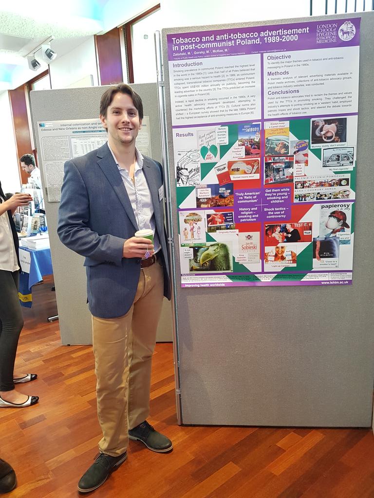 LgmSam's tweet photo. @ZatonskiMateusz and his poster on 'Tobacco and anti-tobacco advertisement in post-communist Poland, 1989-2000' - very informative &amp; thought provoking poster. You can see Mateusz give a talk at 15:45 today at Gordon Cameron L/Theatre #BASEES2018 #BASEES2018 https://t.co/ZnwO41yLk7