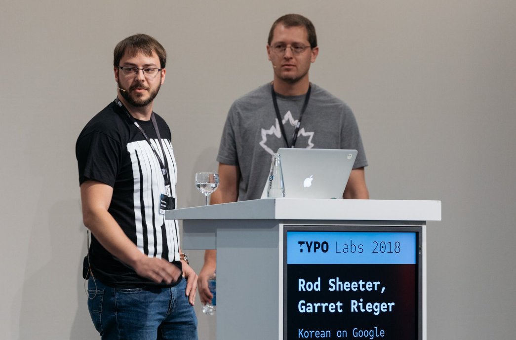TYPO_Labs's tweet photo. Rod Sheeter and Garret Rieger on Korean @googlefonts »On the web, you can render Latin texts with just a few hundred characters. To render Korean you need an enormous number...more like 17,000 for complete coverage« #typolabs18 #nonlatin #fonttechnology #fontengineering https://t.co/sESRlshnUI