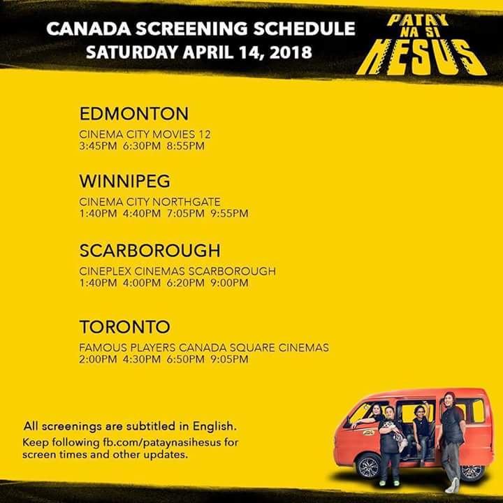 PnsHesusMovie's tweet photo. #PatayNaSiHesus is your cure for weekend boredom! 

Watch it in Canada today at these times. 🚗

#NagAbroadSiHesus 
#BisayaTagalog #RoadtripLaughtrip #PamilyangPinoy #ModernFunnily https://t.co/IRSY5wPHY4