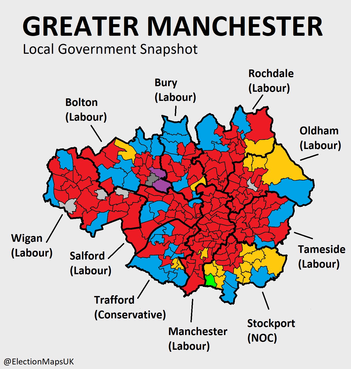 Map Of Greater Manchester Boroughs تويتر \ Election Maps Uk على تويتر: "In Advance Of #Le2018 Here's A  Snapshot Of All The Boroughs Of #Greatermanchester Showing Their Most  Recent Results By Ward. #Manchester #Salford #Trafford #Wigan #Bolton #