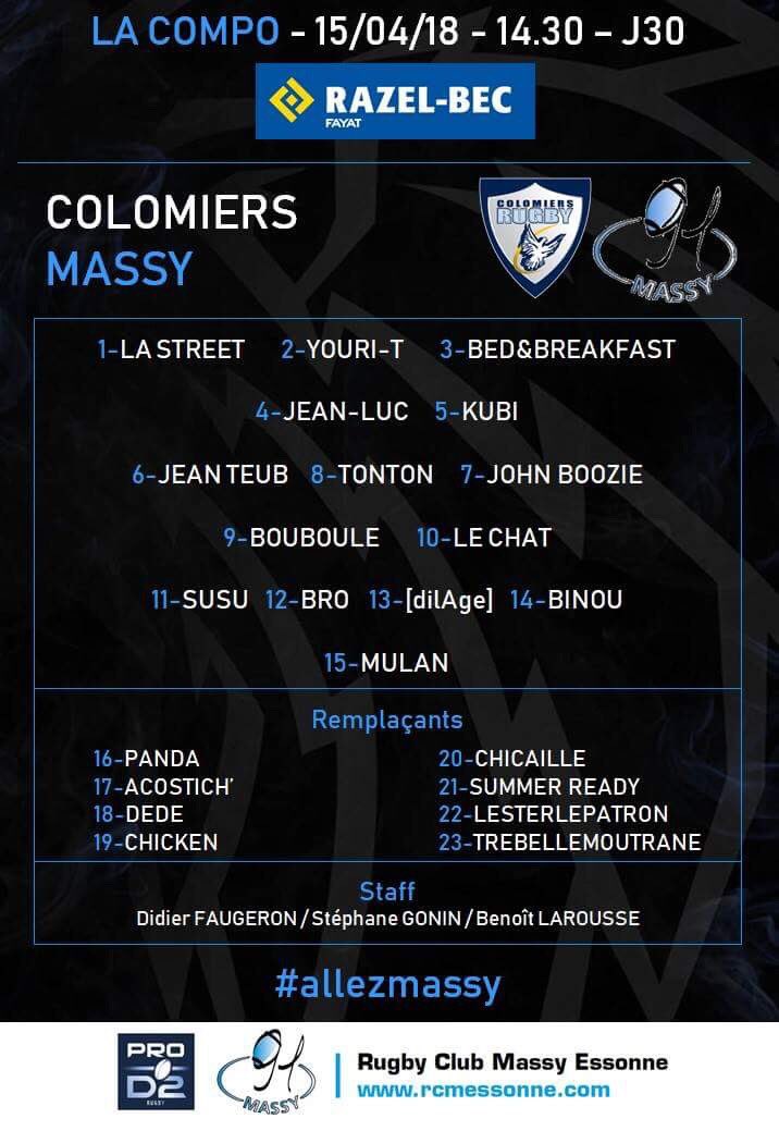 Compo un peu spéciale pour ce dernier match de la saison ! À vous de deviner qui est qui 😏<a href="/ColomiersRugby/">Colomiers Rugby</a> tu as trouvé !? RDV demain à 14h30 pour clôturer nos saison <a href="/rugbyprod2/">Rugby PRO D2</a> 🏉
#ALLEZMASSY