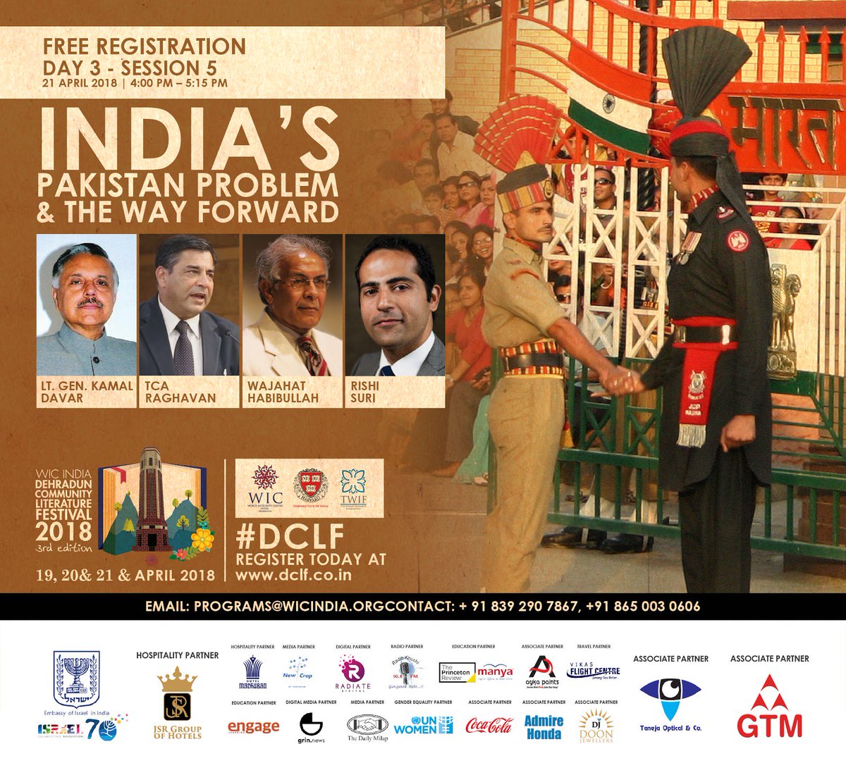 WIC_India's tweet photo. The question is what is the need of the hour and what are we heading to? Engage in the core issue, India’s Pakistan Problem & the way forward- #RishiSuri in conversation with #WajahatHabibullah, #LtGenKamalDavar and #TCARaghavan at #dclf2018. https://t.co/t1hkxtIHSO