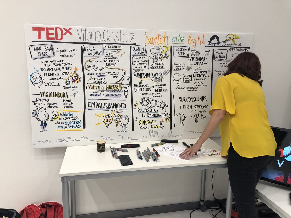 muxotepotolobat's tweet photo. Estamos capturando el momento, el contenido y la energía en #TEDxVG #GraphicRecording #SwitchOnTheLight #NarrativasVisuales @IratxeFdezMpb @EKontact @TEDxVGasteiz https://t.co/DuWXefatJ3