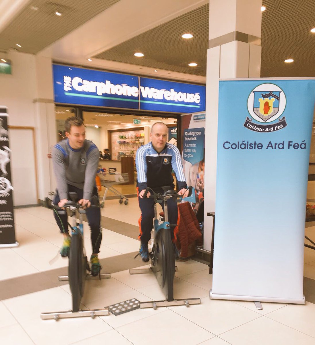 BHCMonaghan's tweet photo. 🚵Cyclathon begins with Principal, Mr McArdle & @bankofireland @monaghangaa @jackmc13. Looking forward to a #GreatDay at #MonaghanShoppingCentre. #BHCPA #fundraiser #localstars #studentfund https://t.co/yX1iOjXupj