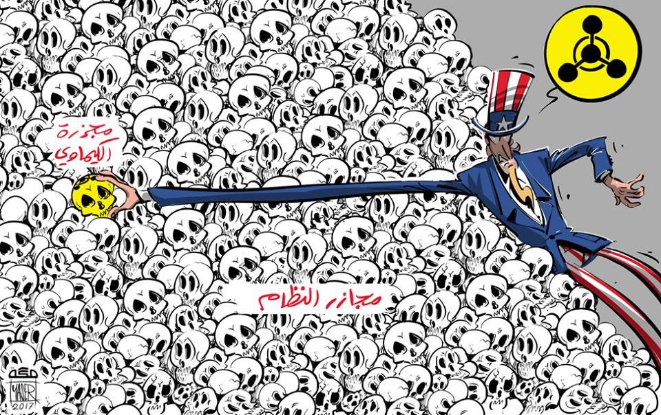 rafsanchez's tweet photo. Syrian civilians in Idlib are sharing this cartoon about the West's selective outrage over chemical weapons and its indifference when Syrians are killed barrel bombs https://t.co/xiHzXj9IsE