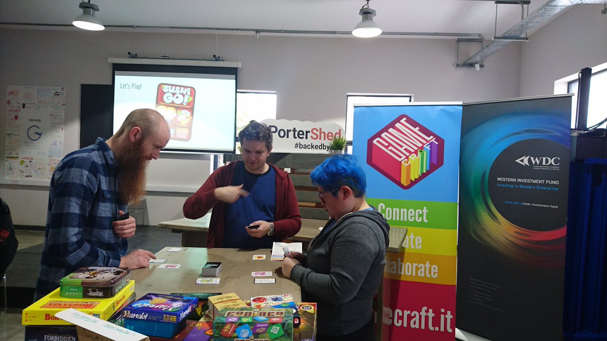 AphraK's tweet photo. Here we go with our board game design workshop with @robinwriting in @portershed. A bit of card drafting to start. Thnx to @whykay #DiversityInGames #networkinplay @refiggames https://t.co/U4feNAWa8J
