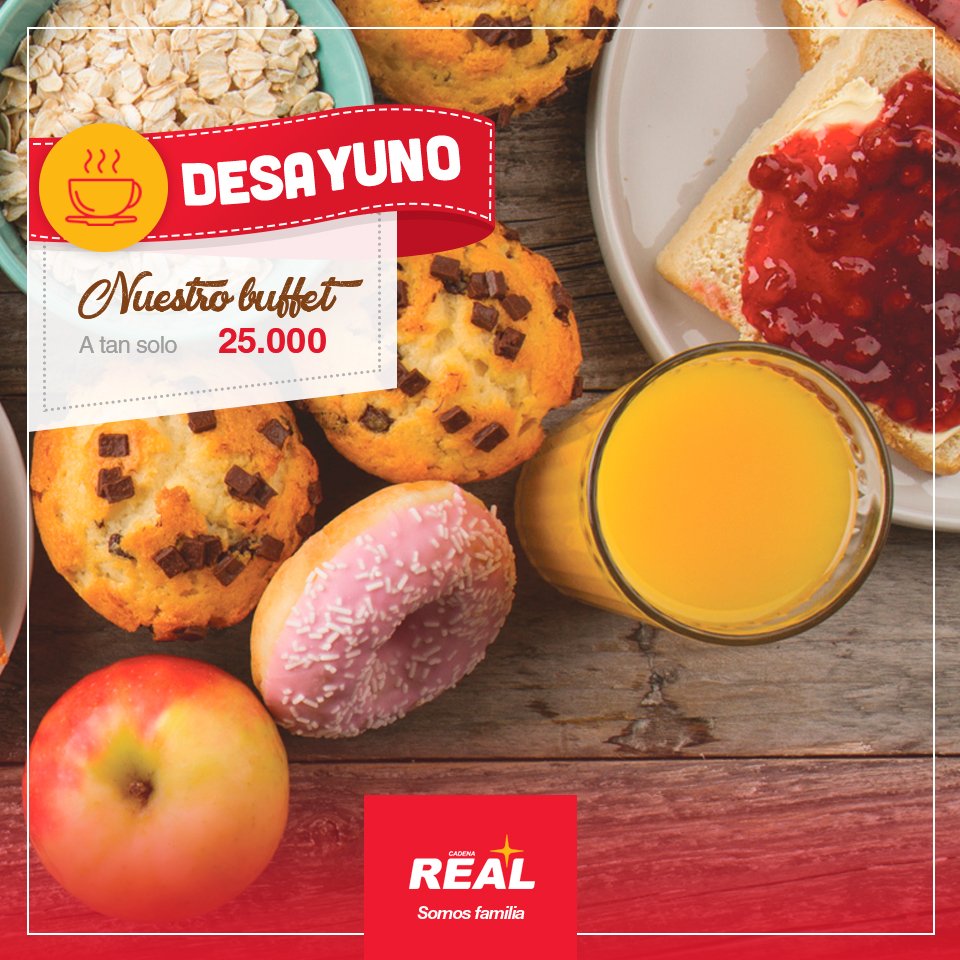 Real_py's tweet photo. Desde las 7 de la mañana vení a disfrutar del mejor buffet de desayuno y vas a poder arrancar tu fin de semana con energía. #SomosFamilia #SomosReal https://t.co/IbP96svMRF