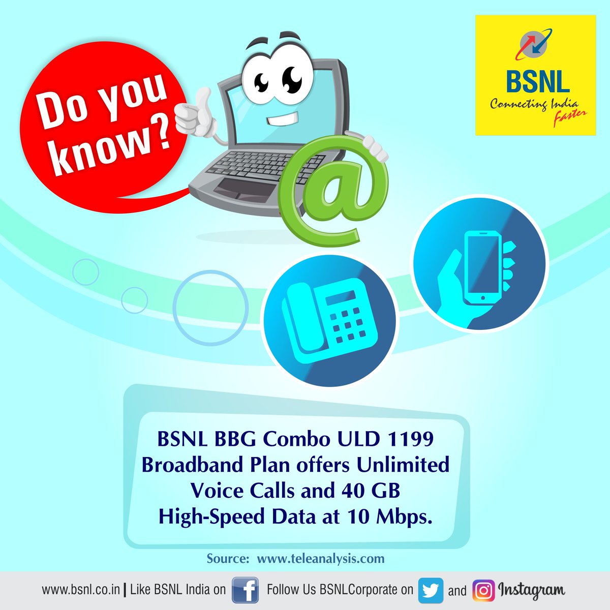 BSNLCorporate's tweet photo. #DoYouKnow #BSNL BBG Combo ULD 1199 Broadband Plan offers Unlimited Voice Calls and 40 GB High-Speed Data at 10 Mbps. https://t.co/3X9oHHz2Bn