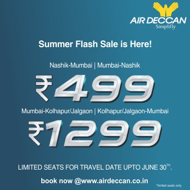 airdeccan's tweet photo. This Summer's hottest sale is here! Now fly between Nashik & Mumbai, Mumbai & Kolhapur and Mumbai & Jalgaon at unbelievably low fares. Hurry Up! This sale will be over in a flash. Book now at https://t.co/7QNHyAuyvQ for flights starting 15th April. #AirDeccan #NowFly #UDAN https://t.co/zjpAk5TC0S