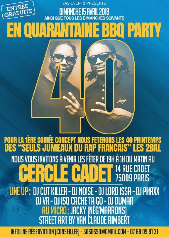 DJLORDISSA's tweet photo. Rdv dimanche pour fêter les 40 ans des #2BAL @Doc2Bal x @Gkill2Bal au Cercle Cadet de 19h à 1h avec @CutKiller x @DjNoiseParis x @DjPhaxxOfficial x @DjDjiso20 x @OuMarHARDLEVEL et @vrthelegend hosted by @MrJackyBrown !!!
#BonPlan #Paris #Bday https://t.co/x1xm5G3joB