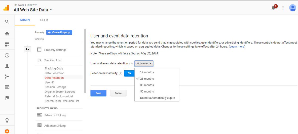 Innowyn's tweet photo. Update On #Google Analytics Data Retention: Google introduced data retention controls that allow you to manage how long your user &amp; event data is held on our servers.
Go to admin property &amp; click on tracking info: Here is a screen shot: 
#GoogleAnalytics #updates #data #retention https://t.co/rxaX7BnRtK
