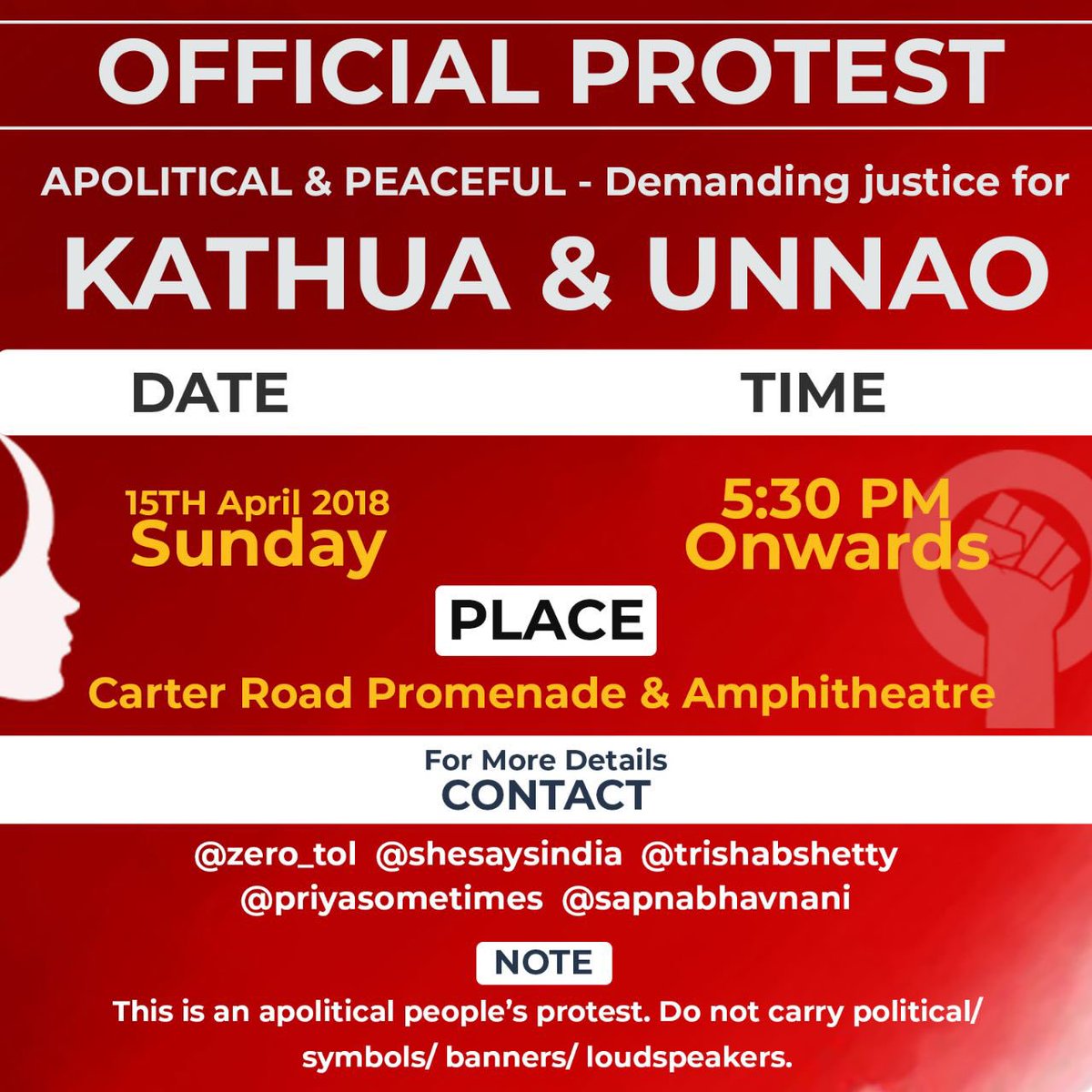 TrishaBShetty's tweet image. Mumbaikars, we implore upon you all to show up Tom at 5.30pm, Carter Road to demand for justice and accountability for the young girls. #kathu #unnao #JusticeforAsifa