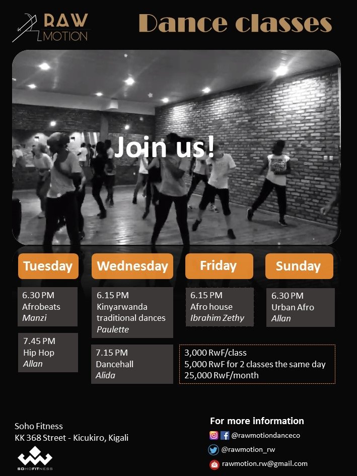 rawmotion_rw's tweet photo. Here is our full schedule. We resume classes next Tuesday (Ap 17). Don't miss the fun #rawmotion #sharingourpassion #dance #bringingsomethingnew #kigali #my250 https://t.co/JfltLZ5vEK