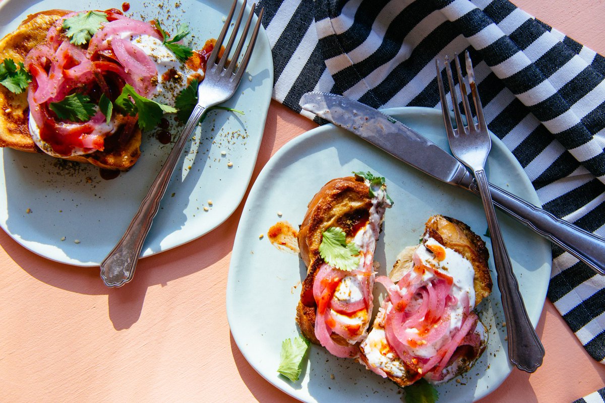 Not into sweet brunch dishes? This savory challah French toast is ready for you. Recipe from <a href="/mollyyeh/">Molly Yeh</a>'s Yogurt cookbook. (📷: <a href="/viedfinder/">Lauren Vied Allen</a>)
