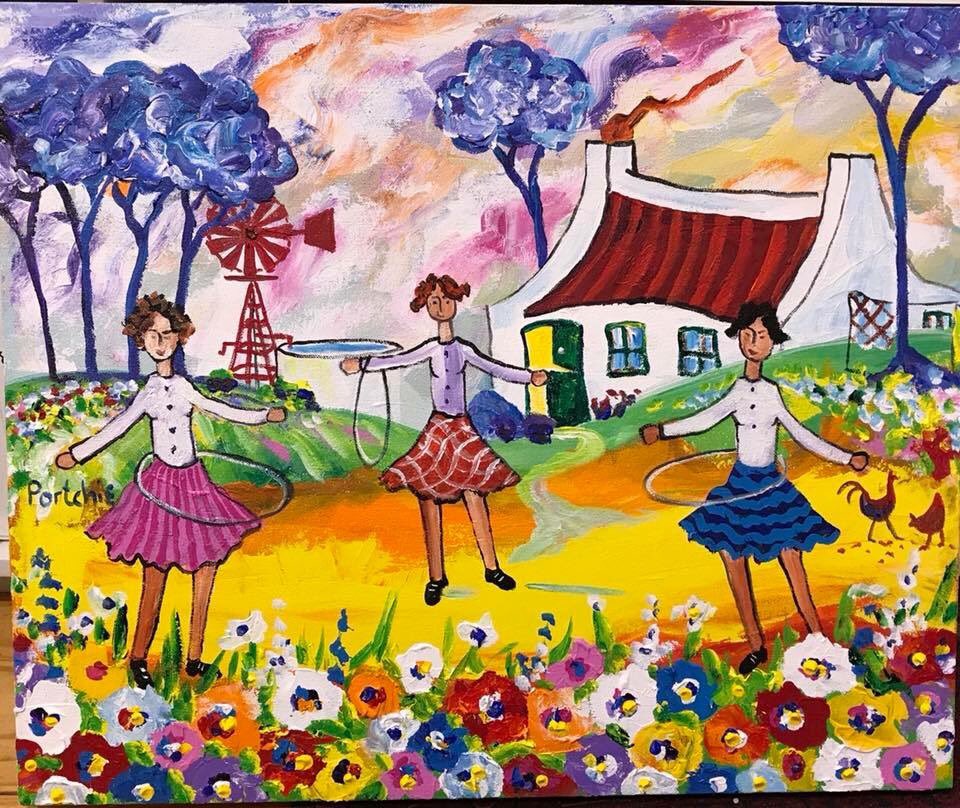 IamPortchie's tweet photo. Three girls playing by @IamPortchie . 500 x600 unframed. 850 x950 framed. Available #windpomp #art #Portchie #playing https://t.co/Hxyj2bC6dq