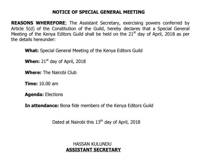 NationAfrica's tweet photo. Kenya Editors Guild issues notice for a Special General Meeting to be held on Saturday 21 April 2018 at The Nairobi Club. https://t.co/6h4dvMV7vW