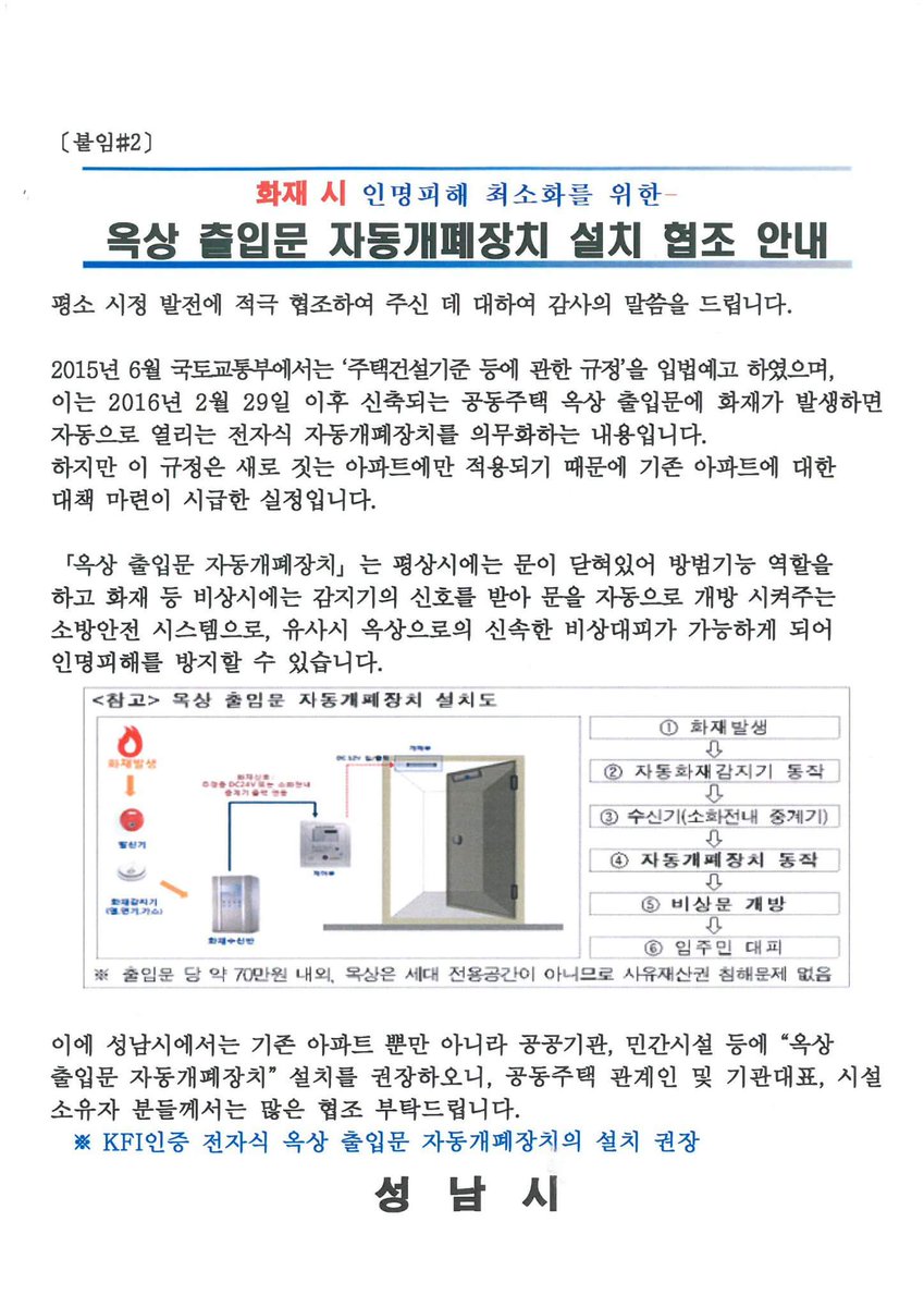 화재 시 인명피해 최소화를 위한 
"옥상 출입문 자동개폐장치 설치"를
권장하오니 공동주택 관계인 및 기관대표, 시설소유자 분들께서는
많은 협조 부탁드립니다. #성남시