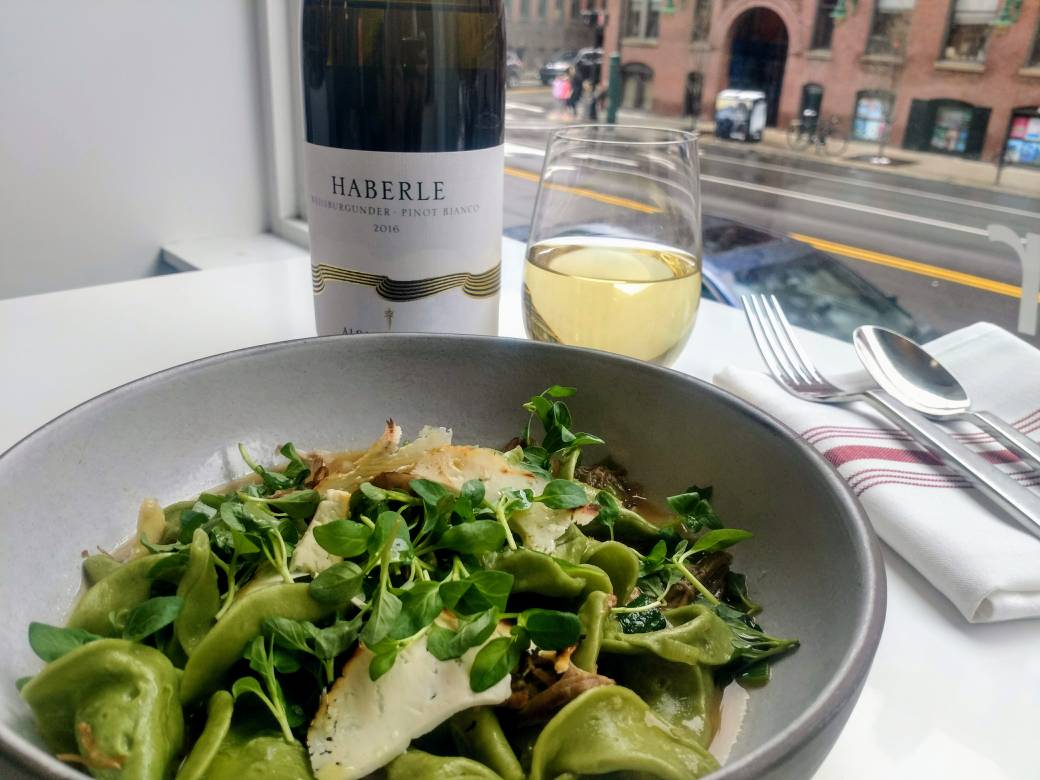 A new flame and an old springtime favorite: Alois Lageder's Haberle Pinot Bianco &amp; our Cappellacci dei Briganti - nettle pasta with braised lamb, green garlic &amp; roasted ricotta salata