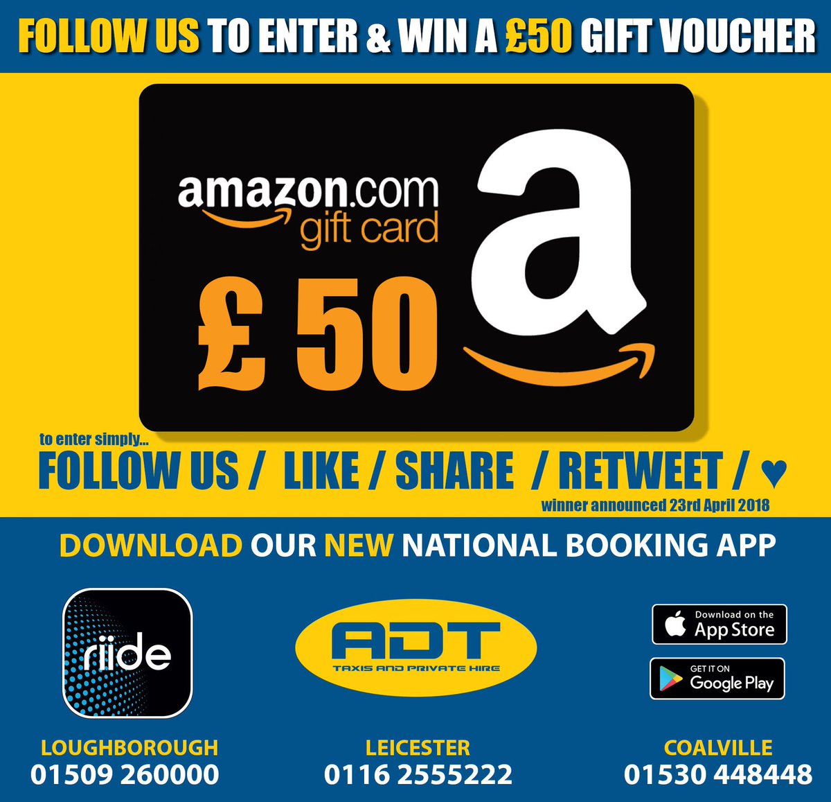 TakeMeLeics's tweet photo. WIN £50 ! FOLLOW ADT TAXIS and be in to our mega prize draw to win £50 AMAZON gift vouchers ! To enter, FOLLOW US, and LIKE/SHARE or Retweet/♥ this post. One winner will be selected ! Good LUCK what would YOU spend your £50 on ?
#gift #prize #win #competition #raffle #free #£50 https://t.co/ZqXHaDafCU