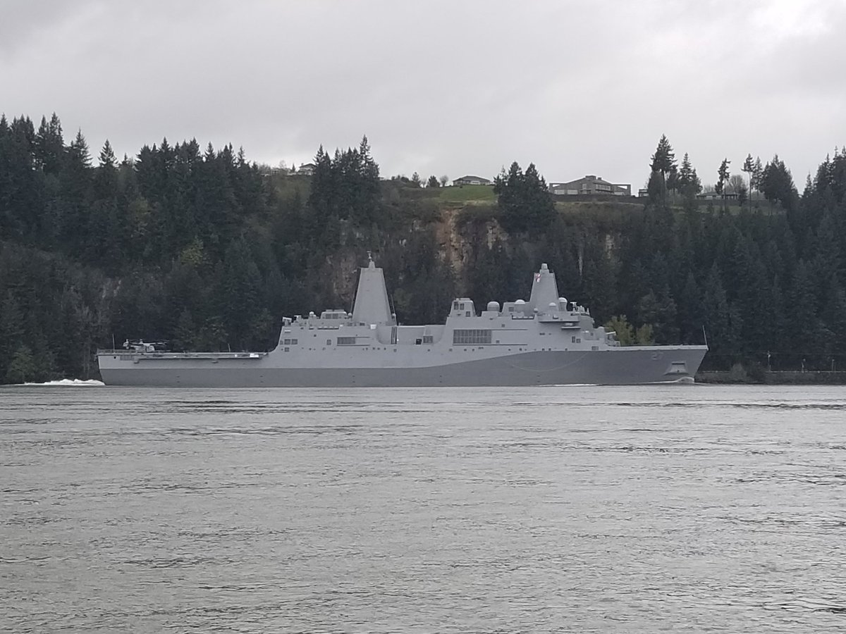 The brand new USS Portland passing by Longview on its way upriver for its commissioning ceremony. #USSPortland #Navy