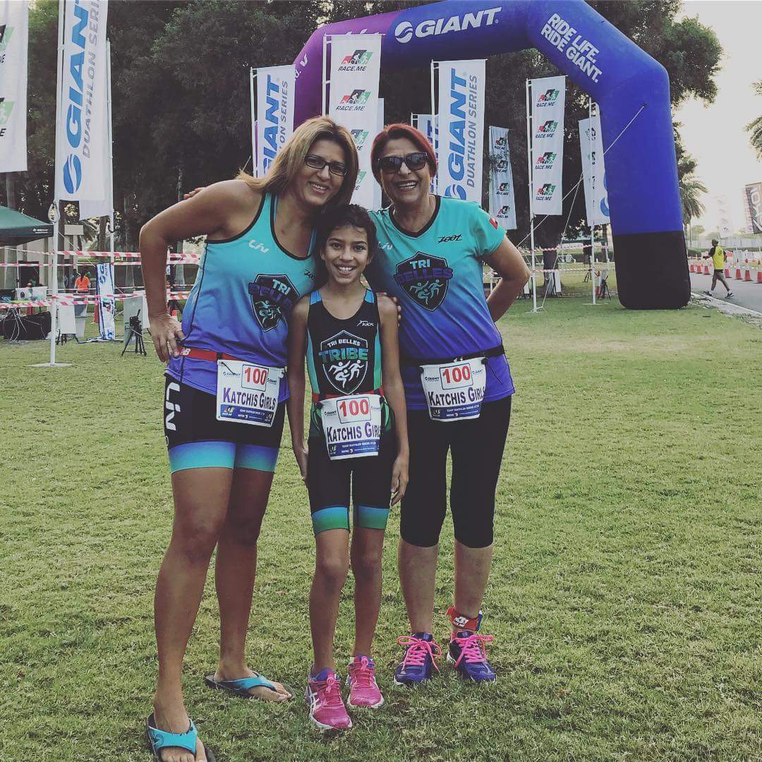 TriBellesAUH's tweet photo. It was a family affair for the #tribellesabudhabi this weekend! Team Mr & Mrs @SemaFaulkner and three generations of the #katchisgirls took on the @giantmiddleeast #duathalon whilst the #farrellfamily @Clare_Farrell71 running the @GulfMulti #alainzoo race! #happyfamilies https://t.co/fz4cqMIZe1