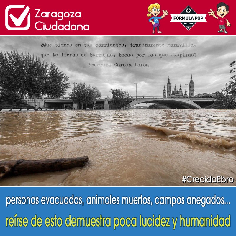 Leemos en RRSS, con tristeza e indignación, mensajes de burla respecto a la situación que estamos padeciendo los ciudadanos de las localidades por las que pasa el río #Ebro. Un hecho que condenamos y que demuestra la poca inteligencia y humanidad de sus autores... 😪 #ZCDenuncia