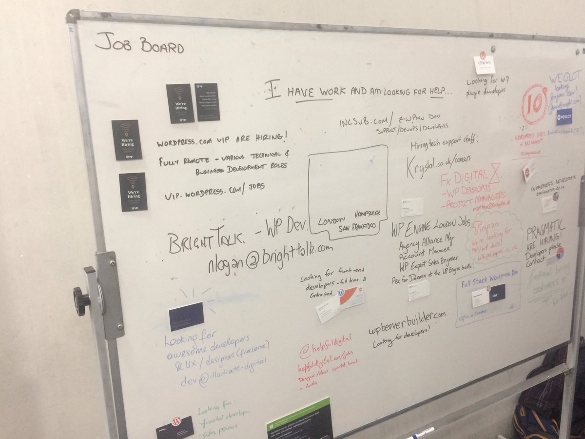 ChrisLaneLonMet's tweet image. Here’s the jobs board from #WCLDN @WordCampLondon - possible opportunities here for @LondonMetUni web development students who are about to graduate.