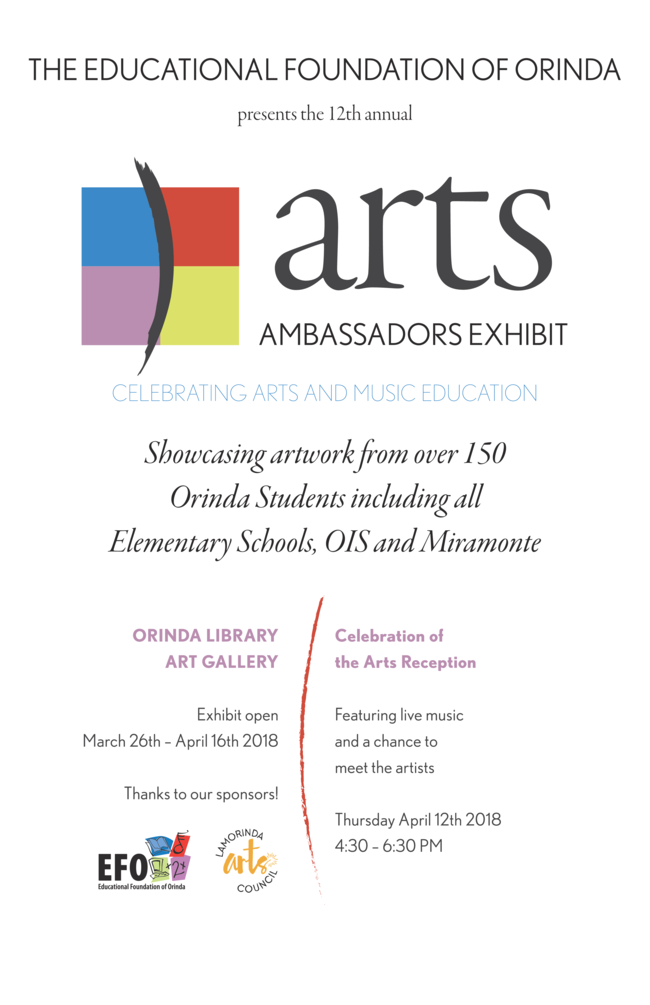OrindaEFO's tweet photo. There's a few more days left to see the 12th annual Arts Ambassadors Exhibit celebrating arts &amp; music education, showcasing artwork from over 150 Orinda students. At Orinda Library Art Gallery through April 16. #orinda #loveorindaschools https://t.co/hypWOnKeIB