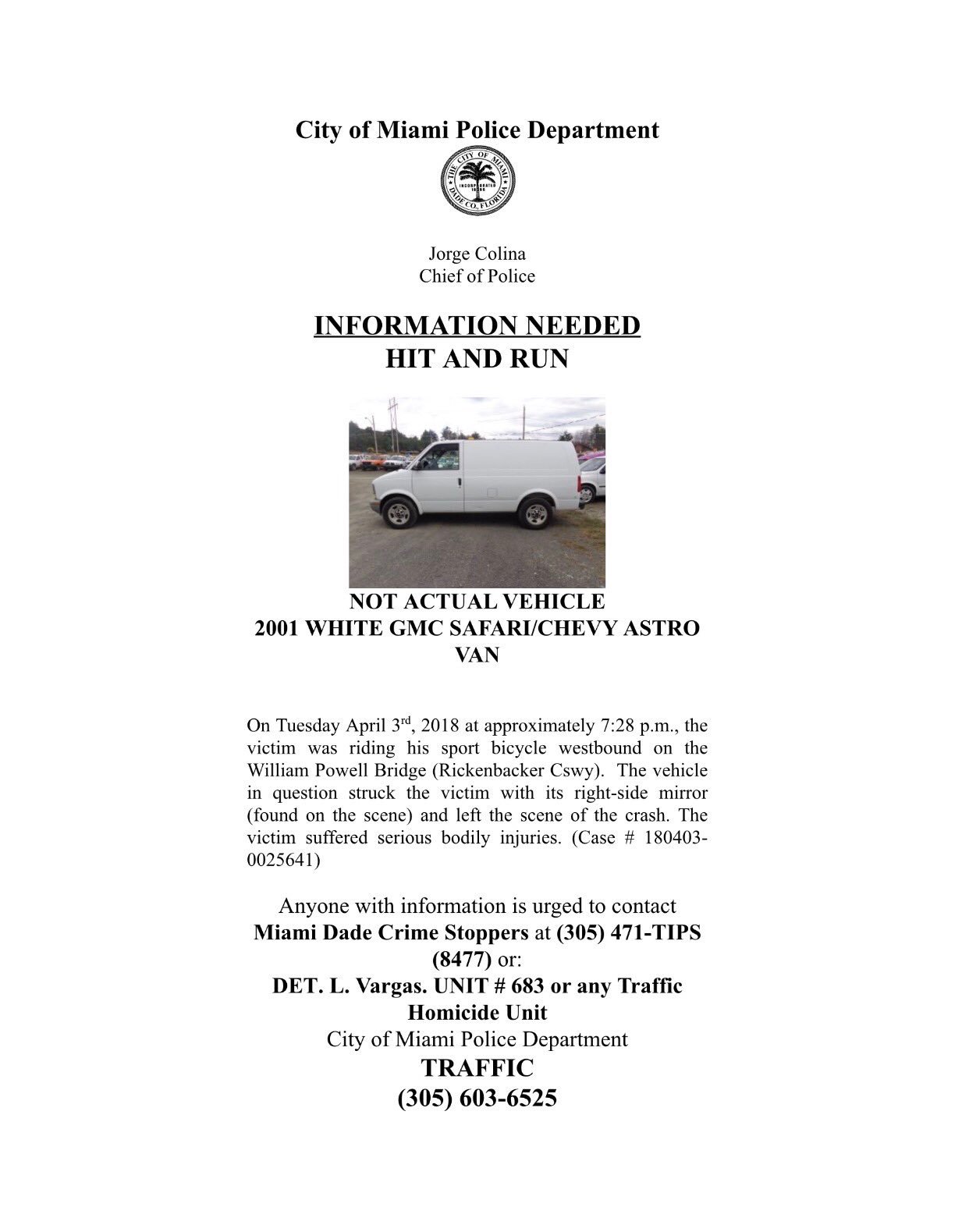 Miami PD on Twitter: "We need your help locating a white 2001 GMC Safari or  Chevy Astro van that struck and fled from a crash that left a man who was  riding ...