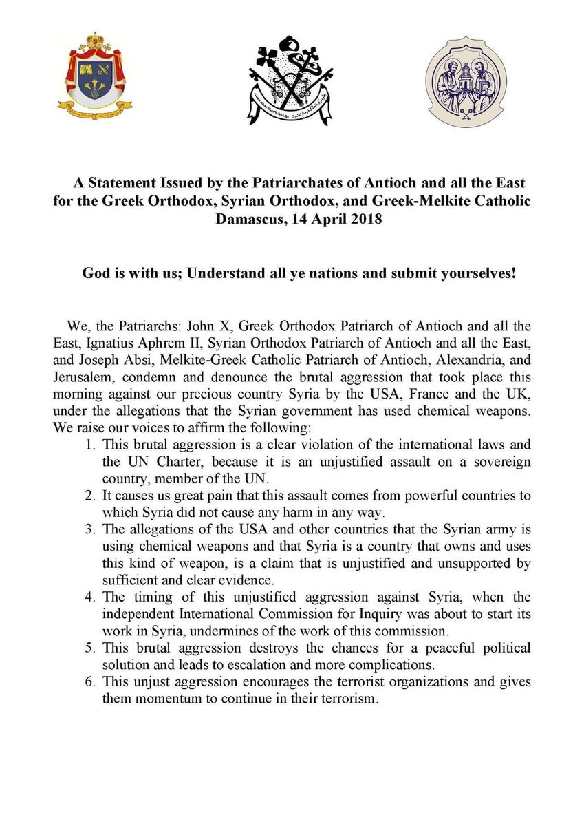 igor_galeno's tweet photo. "Questa ingiusta aggressione incoraggia le organizzazioni terroristiche e dà loro slancio per continuare nel loro terrorismo", Patriarchi di Antiochia #GiulemanidallaSiria https://t.co/tZzl5R8nZN