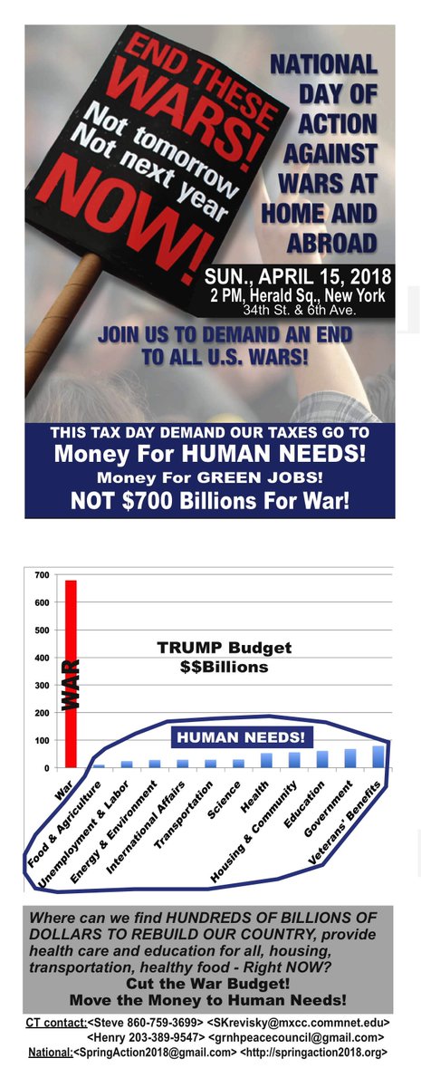 DFAinCT's tweet photo. Sunday is Tax Day &amp; a National Day of Action Against Wars at Home and Abroad. Join us in Herald Square Park in NYC at 2pm for a rally and march to Trump Tower. See attached flyer. Sign up for the train between New Haven and NYC at https://t.co/2qfxMnOnjV. #NoMoreWar https://t.co/noBVljP9uz