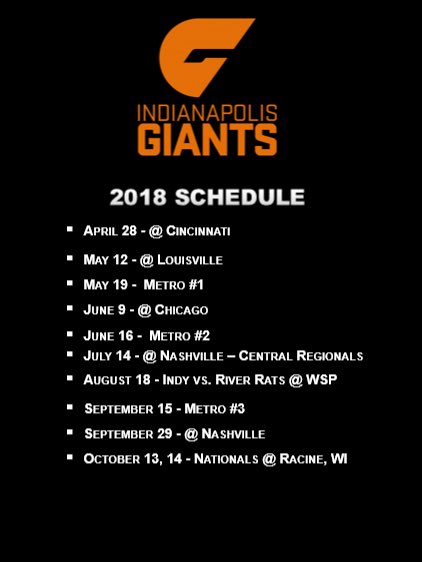 2018 Indy Giants schedule!