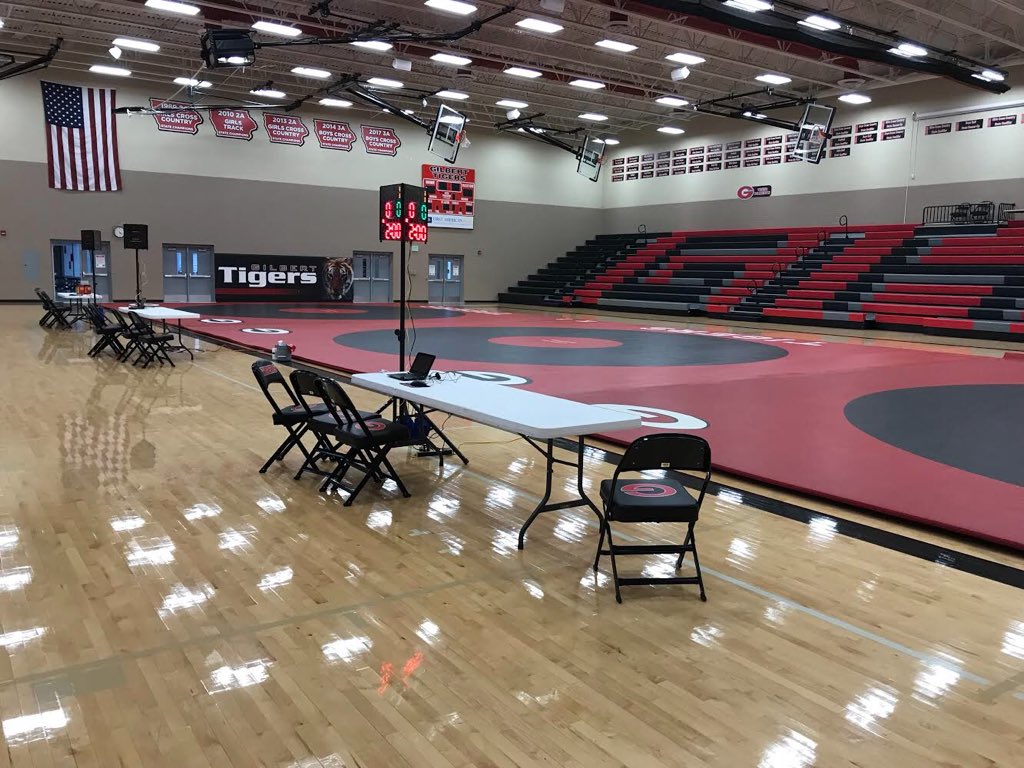 tiger_wr's tweet photo. All set up for the Gilbert Greco-Roman/Freestyle Tournament tomorrow. Weigh-ins start at 8:30! Pre-registration is closed now, but we’re taking walk-ins. Travel safely in the morning! #gilbertpride https://t.co/F7wvfLkOgf