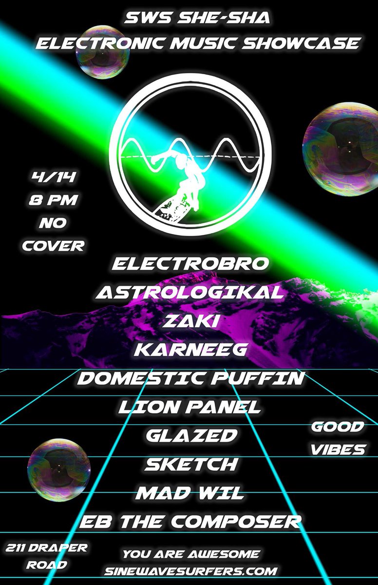 TONIGHT: <a href="/SineWaveSurfers/">Sine Wave Surfers Collective</a> electronic music showcase 8p-1a. No cover! 
#Blacksburg #Virginia #VirginiaTech #VATech #SineWaveSurfers