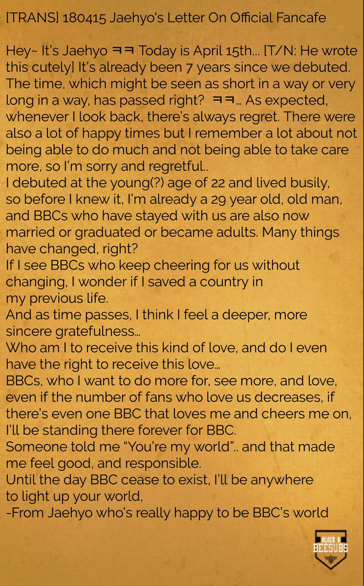 beesubs's tweet photo. [TRANS] 180415 Jaehyo's Letter On Official Fancafe https://t.co/yoRXCMdM9w