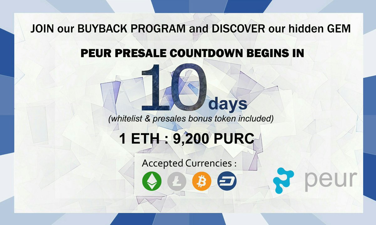 Peurtoken's tweet photo. Join our BUYBACK PROGRAM and discover our hidden GEM. 
https://t.co/oXIXJbYU9R PRESALE countdown begins in 10 days. 

#peur #cryptocurrency #bitcoin #dash #litecoin #ethereum #ico #bounty #investment #blockchain #tokensale #erc20token https://t.co/ddXa6v5BoL