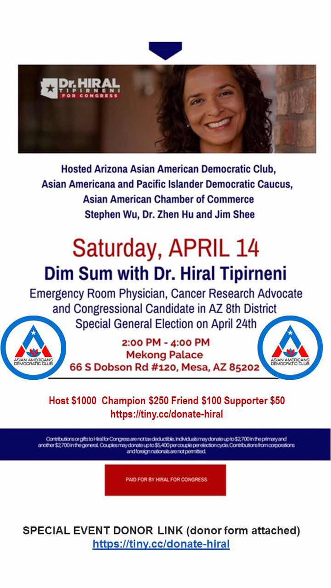 AsianDems's tweet photo. @AADC_AZ1 hosts a local fundraising event for @hiral4congress today. All #AsianDems & #Resisters please donate https://t.co/kUKmRVDeYX #FlipAZBlue on April 24 #Hiral4Congress #BlueWave2018 https://t.co/CCbiPSttGH