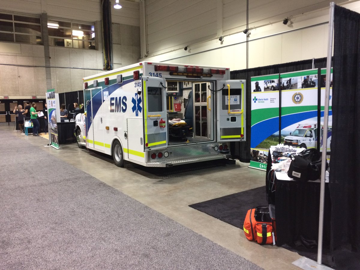 EHS_Alberta's tweet photo. #yourEMS at the @WomansShowYYC ready to discuss safe & healthy choices. Stop by, say hi, see an ambulance and get an @emsfoundation Capsule of Life. We value community engagement and the opportunity to provide #Albertans insight into their ambulance service. #WomansShowYYC https://t.co/pg1DTwuUJy
