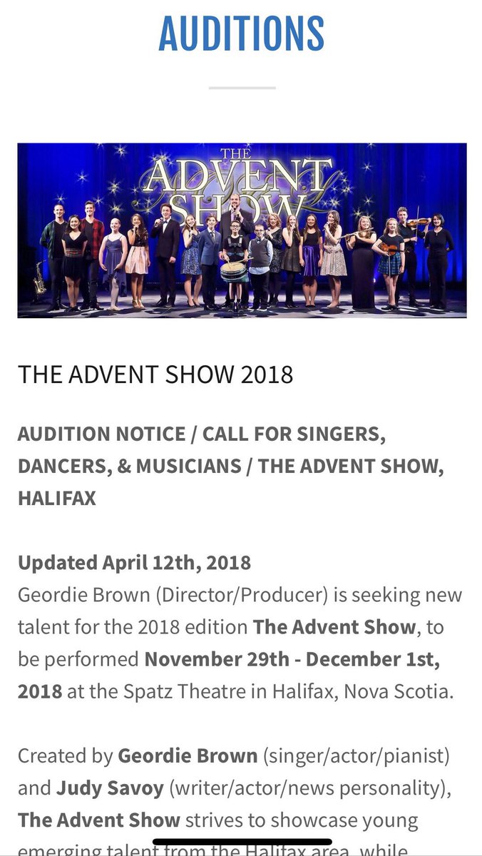 AdventShow's tweet image. AUDITIONS! We’re seeking singers, dancers, and musicians for our 2018 show! Deadline to submit is April 27! Details: geordiebrown.com/auditions #halifax #novascotia #canada #adventshow #adventshow2018 #hfxarts #nsarts #nstheatre