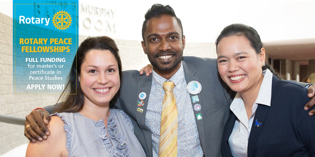 Rotary's tweet photo. Do you want to study peace and conflict resolution? Apply for a #Rotary Peace Fellowship to earn a fully funded scholarship at leading universities around the world. https://t.co/pp5LwmnBjX https://t.co/uyvRRYwReh