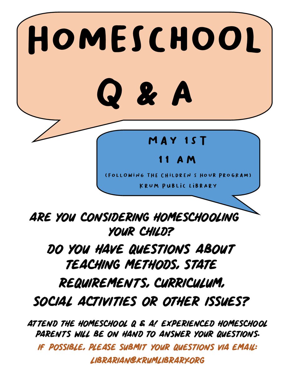 KrumLibrary's tweet image. Are you or someone you know interested in homeschooling?

#homeschool #homeschooling #homeschool #krumtx #krum #denton #dentonhomeschool #sangertx #library #librarylife #libraryprogram #homeschoollibrary #texaslibrary #texashomeschool #northtexas #northtexashomeschool
