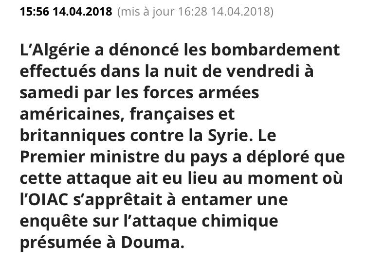 NasNacera's tweet photo. L’Algérie a dénoncé les bombardements américains, français et britanniques contre la #Syrie. 

Le ministre Algérien : « Cette attaque à eu lieu au moment où l’OIAC s’apprêtait à entamer une enquête sur l’attaque chimique présumée à #Douma » https://t.co/G4YNNczMEN
