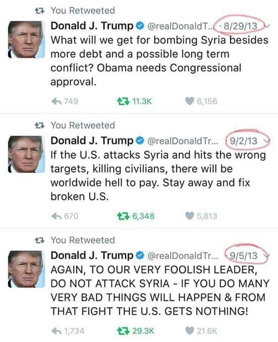 Lamis_Ek's tweet photo. @realDonaldTrump Why don’t you listen to yourself you made more sense than you do now  #DontBombSyria https://t.co/3ojTej0rL1