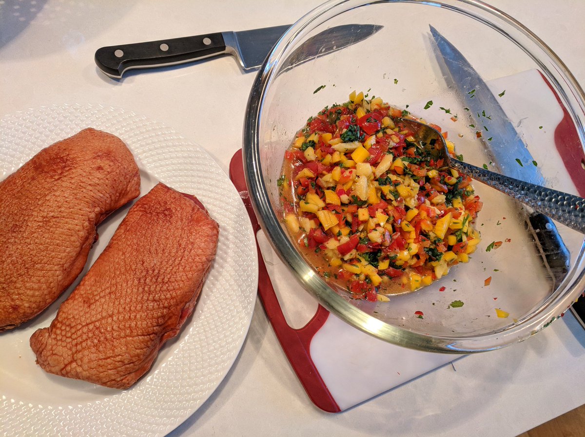 Smoke duck breasts from @KingColeDucks with a little mango salsa. Might add some lemon infused orzo pasta and open a bottle of Shiraz -not bad for an impromptu dinner. 😏