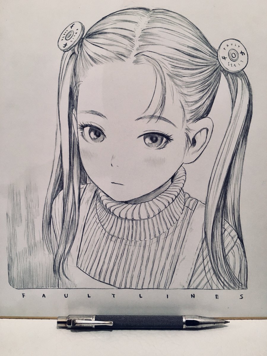 1girl solo twintails monochrome greyscale looking at viewer traditional media  illustration images
