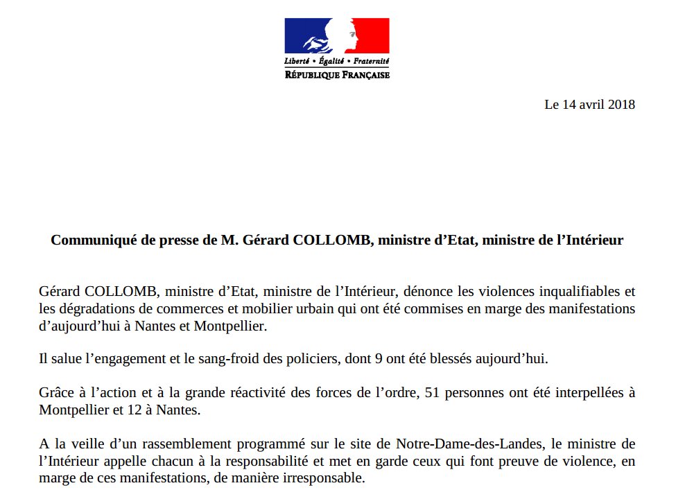 Interieur_Gouv's tweet photo. ℹ️Manifestations à #Nantes et #Montpellier : @gerardcollomb dénonce les violences inqualifiables et les dégradations commises en marge de ces rassemblements et salue l’engagement et le sang-froid des policiers, dont 9 ont été blessés https://t.co/Lt984Lwvsd