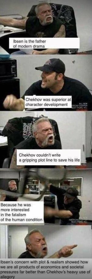SparkySweetsPhD's tweet photo. Do y'all have an opinion on Checkov vs. Ibsen? #getlit #thugnotes #theater #theatre https://t.co/6UnNoHkVwC