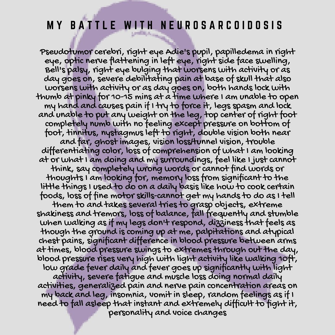 I am a Neurosarcoidosis Warrior! Fighting every day and winning thanks to Illuminent CBD. These were some of my symptoms during my last flare. Now I am on the path back to health! #sarcoidstories #sarcoidosis #neurosarcoidosis #sarcoidosisawareness #cbd #vapeforhealth
