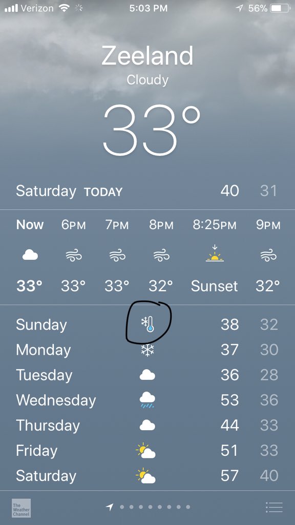 zhavski's tweet photo. I guess the weather app had to come up with a new symbol for Michigan weather https://t.co/cArJo0B3Ut